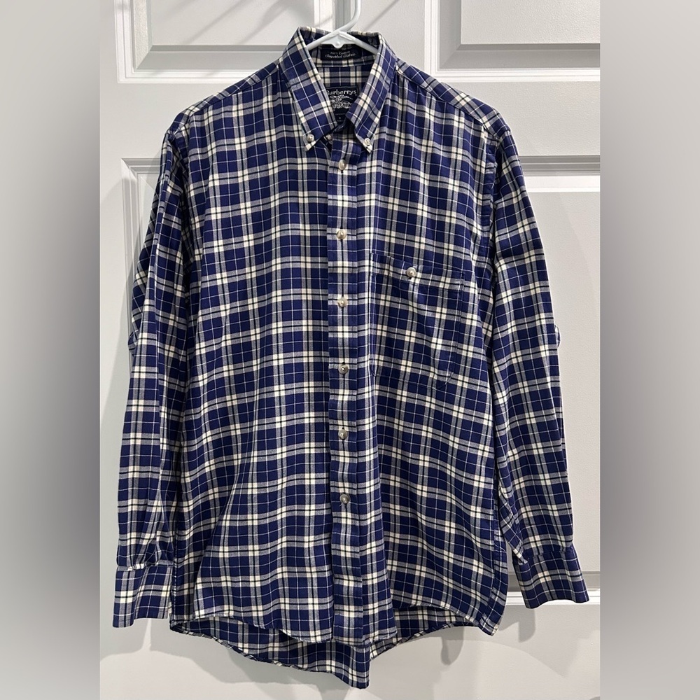 Vintage‎ BURBERRY Blue Plaid Long Sleeve Button Up Shirt Size S Made In USA